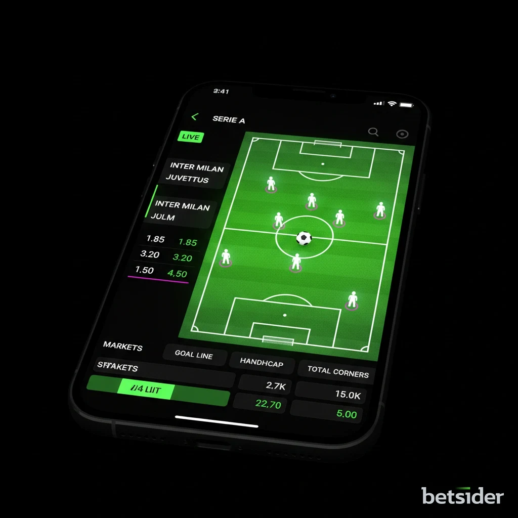 Schermata dell'app Betsider che mostra la sezione scommesse sportive live sul calcio.