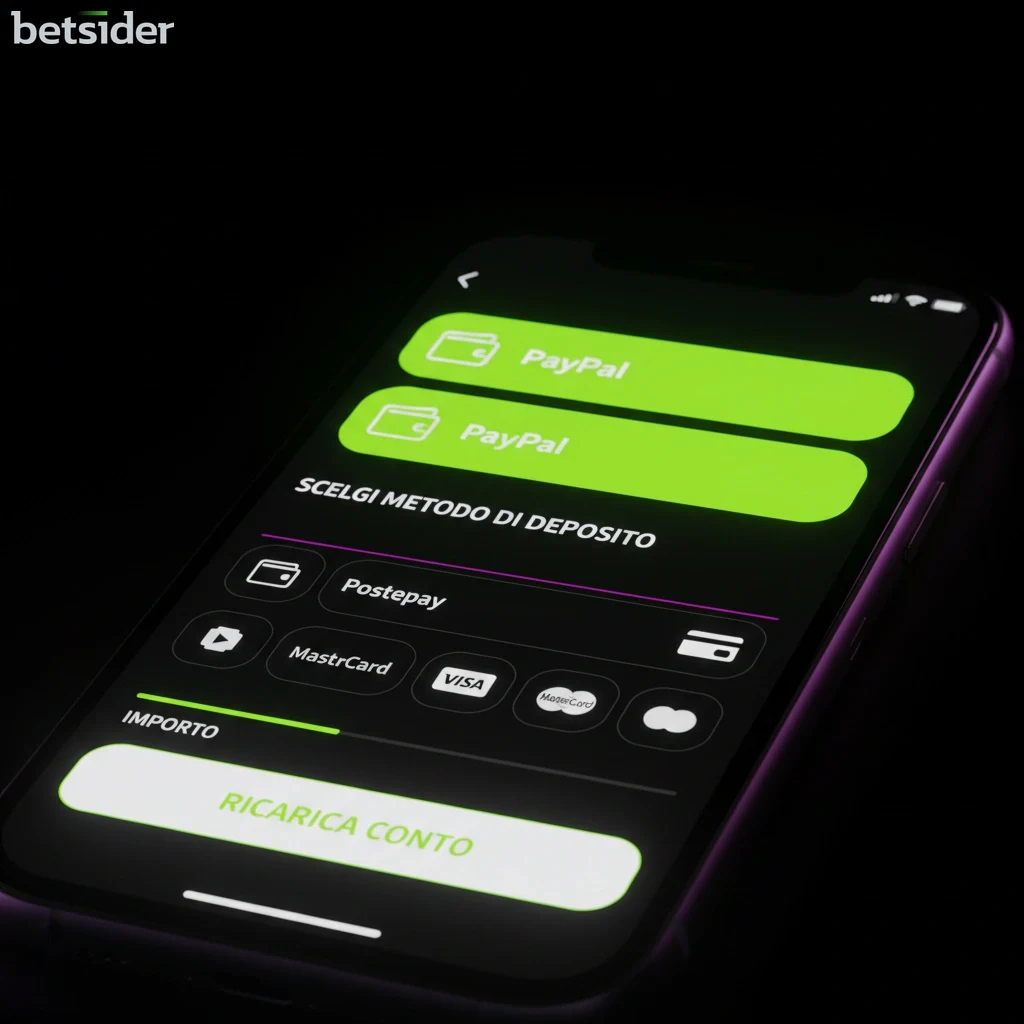 Schermata della sezione depositi dell'app mobile Betsider che mostra le opzioni di pagamento.