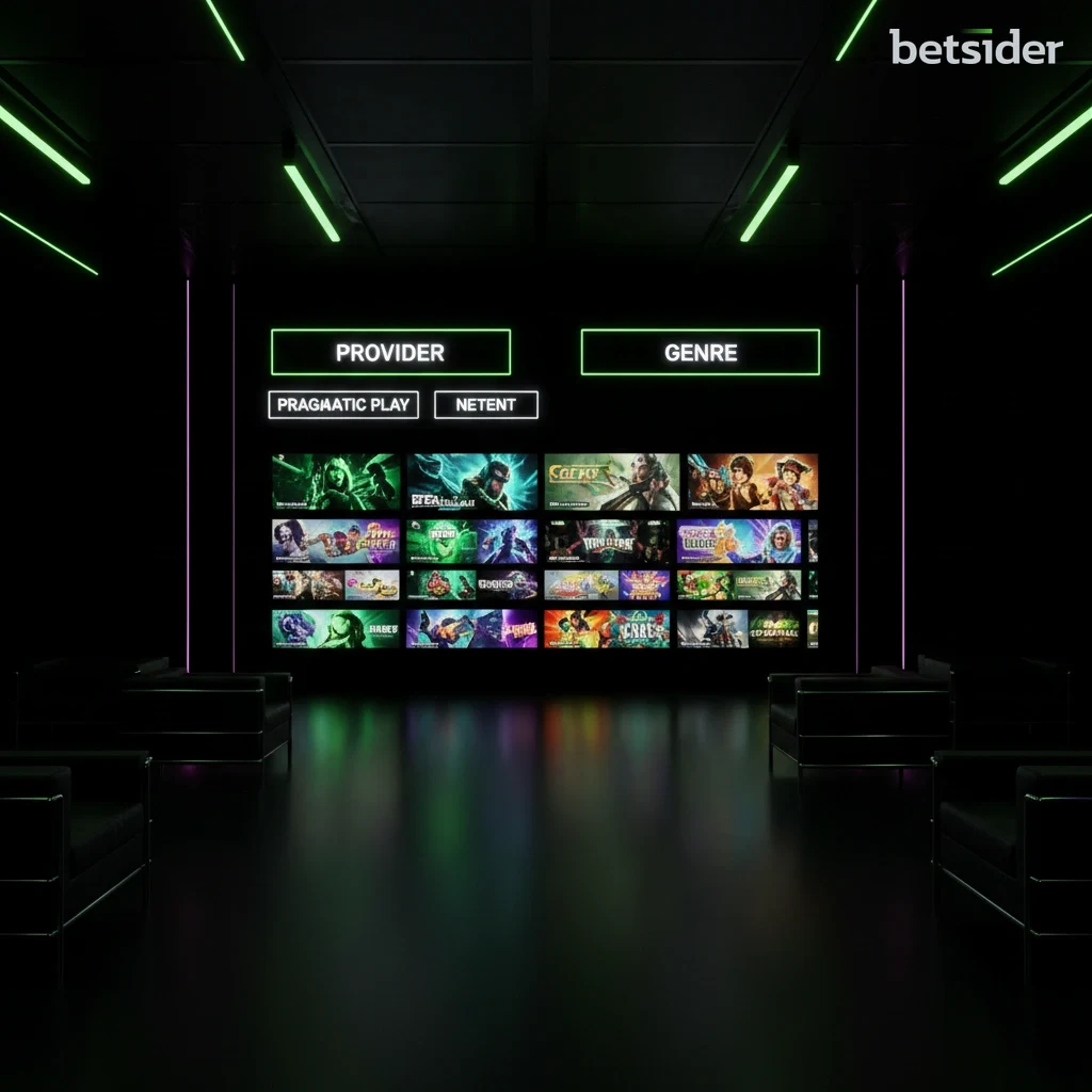 Screenshot della lobby delle slot machine su Betsider Casinò, con filtri per provider di gioco.