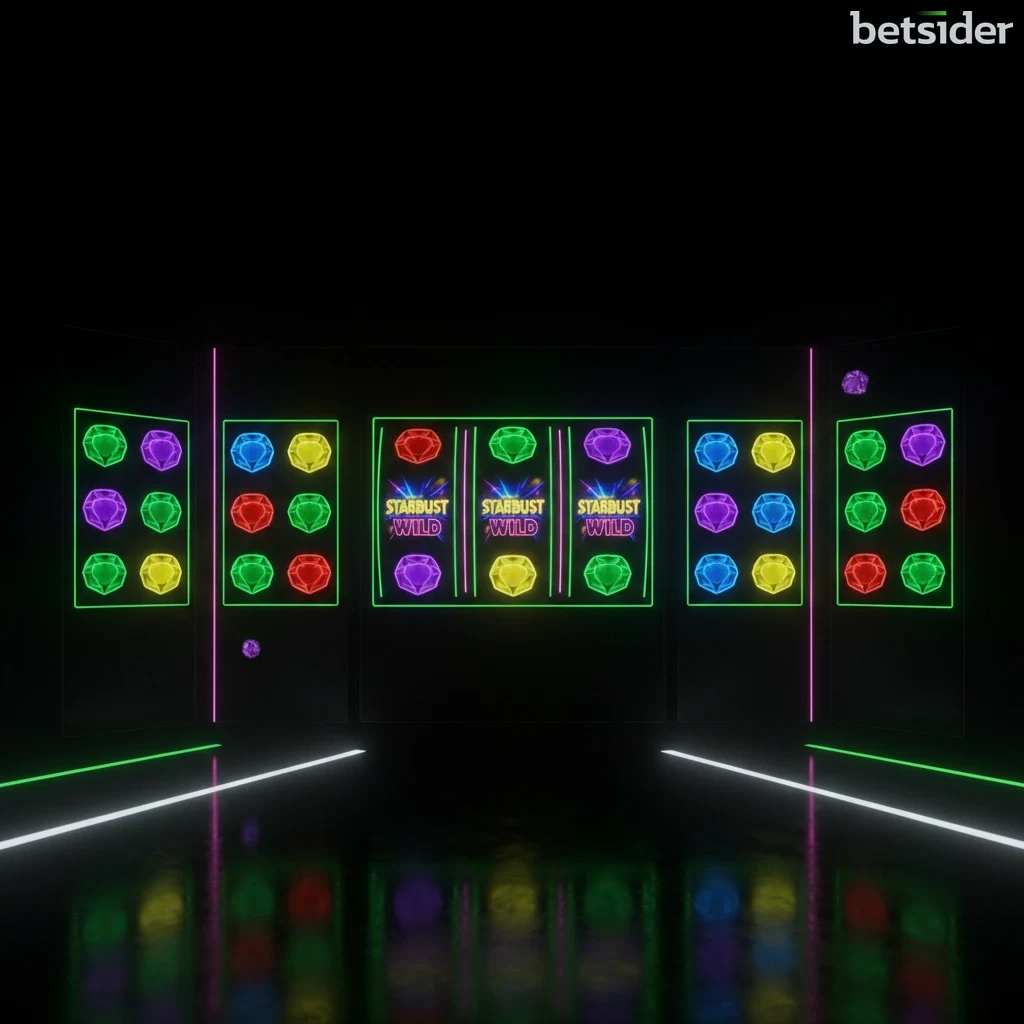 Schermata della slot online Starburst, con gemme colorate e il simbolo Starburst Wild su uno sfondo viola spaziale.