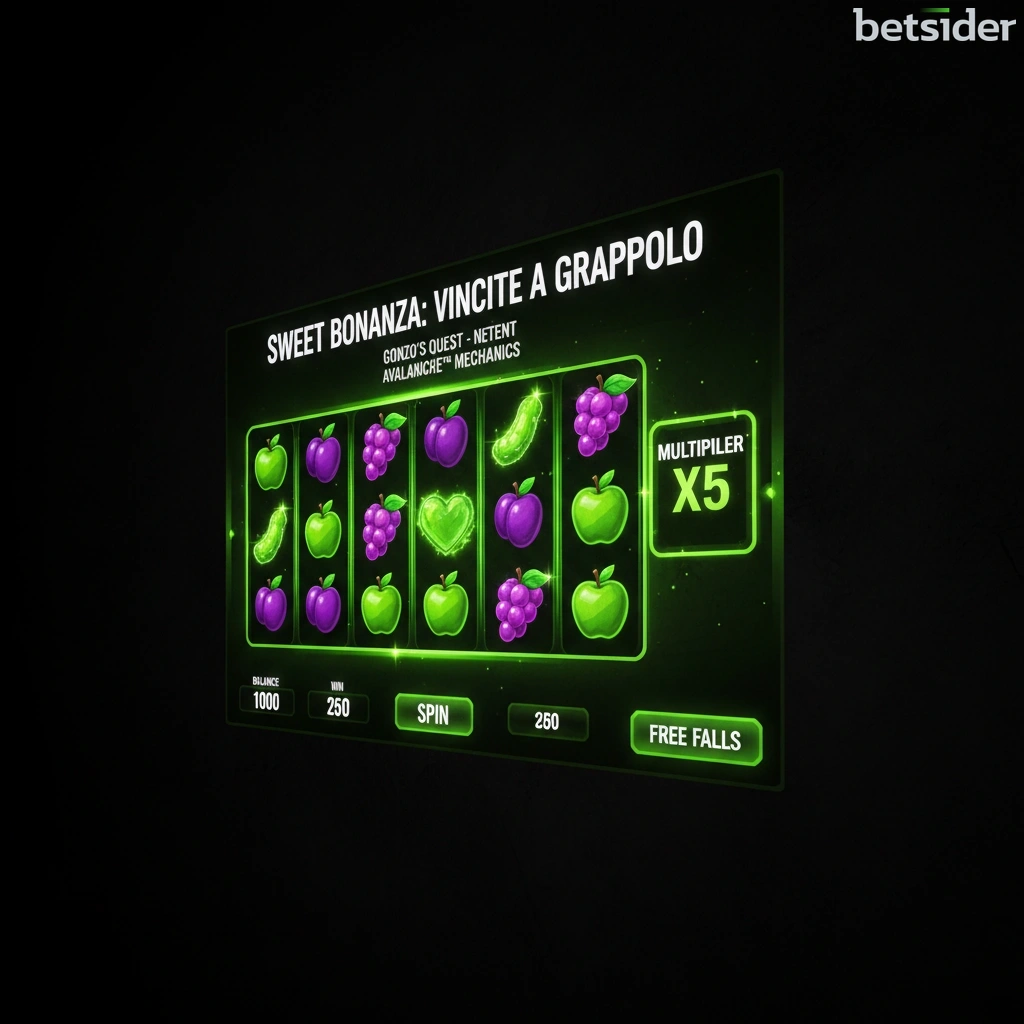 Una schermata di gioco colorata della slot Sweet Bonanza, piena di caramelle, lecca-lecca e frutta.